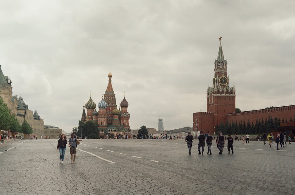 St. Basil's Cathedral and Kremlin walls overlooking Moscow's Red Square on an overcast afternoon