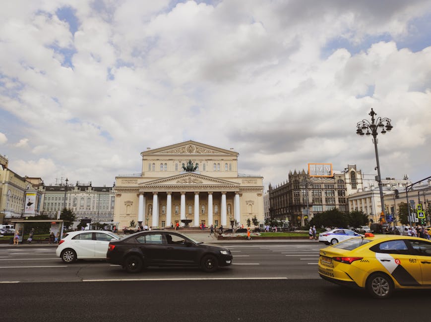The neoclassical facade of the Bolshoi Theatre in Moscow with its famous portico and quadriga sculpture above the entrance